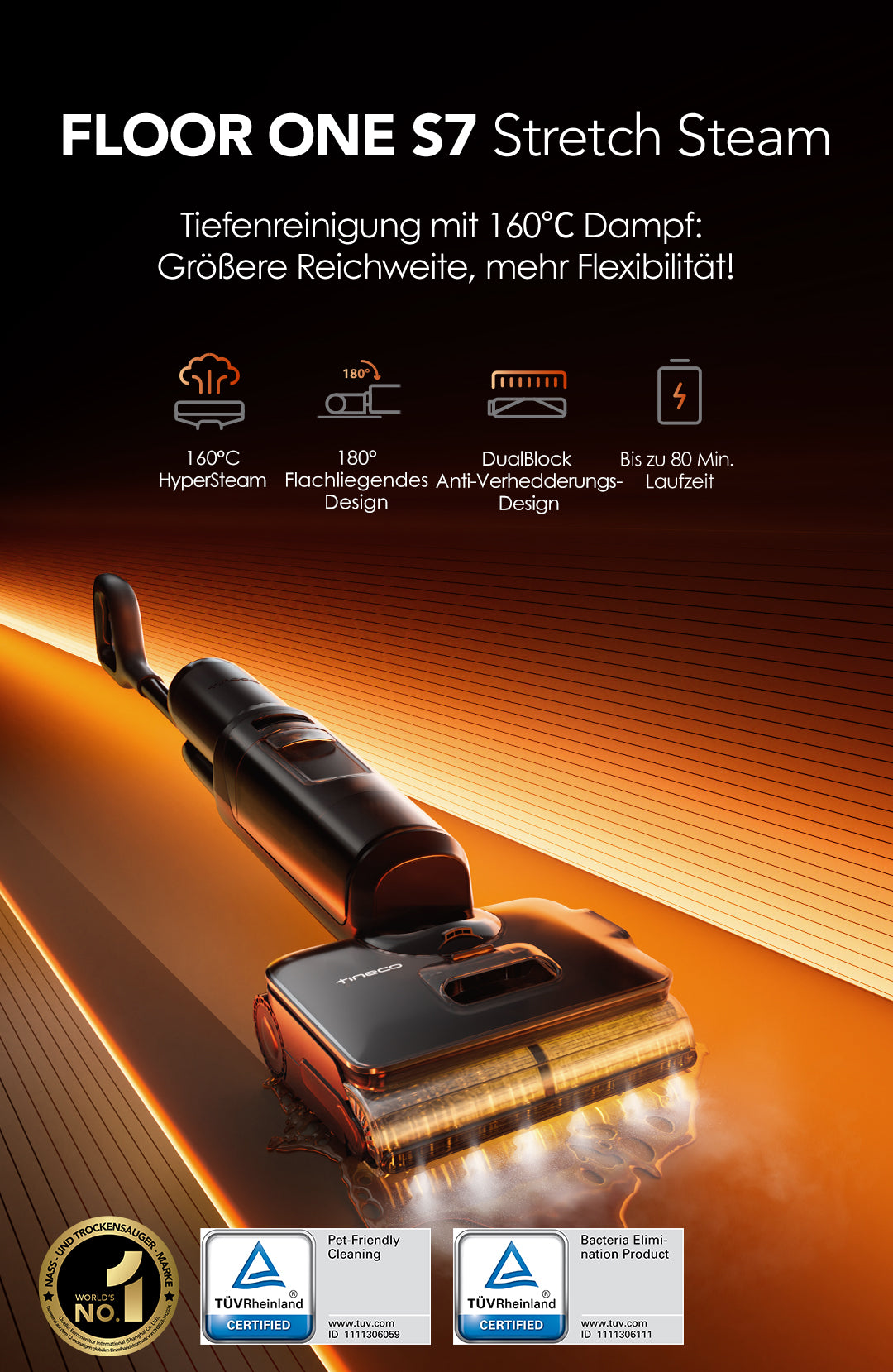 Tineco FLOOR ONE S7 Stretch Steam Nass- und Trockensauger, dampfreiniger, nass trockensauger, wischsauger, staubsauger, Besen, staubsauger kabellos, akku staubsauger