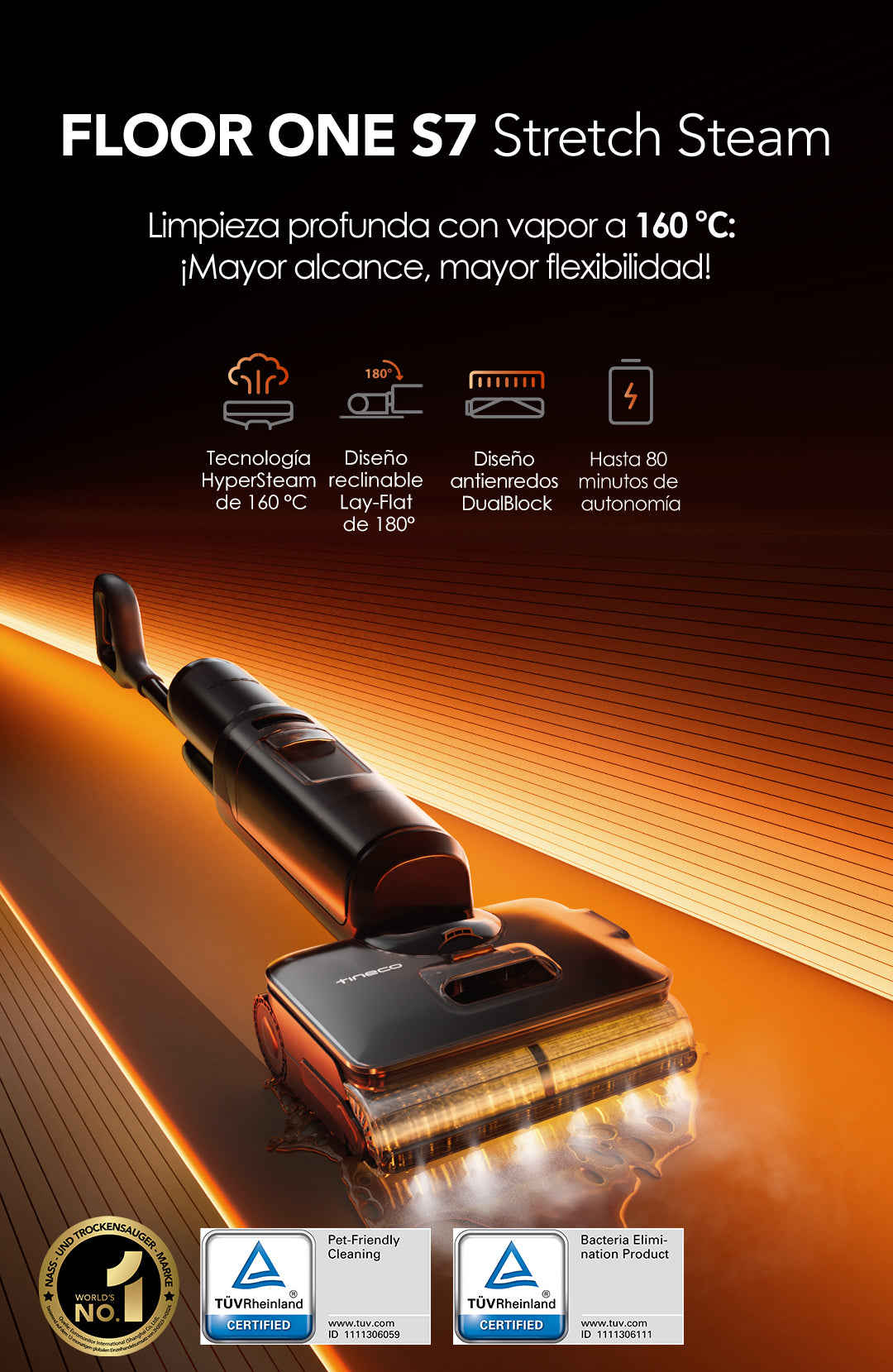 Tineco FLOOR ONE S7 Stretch Steam Aspiradora en Seco y Húmedo,aspiradora sin cable, aspiradora de mano, aspirador sin cable