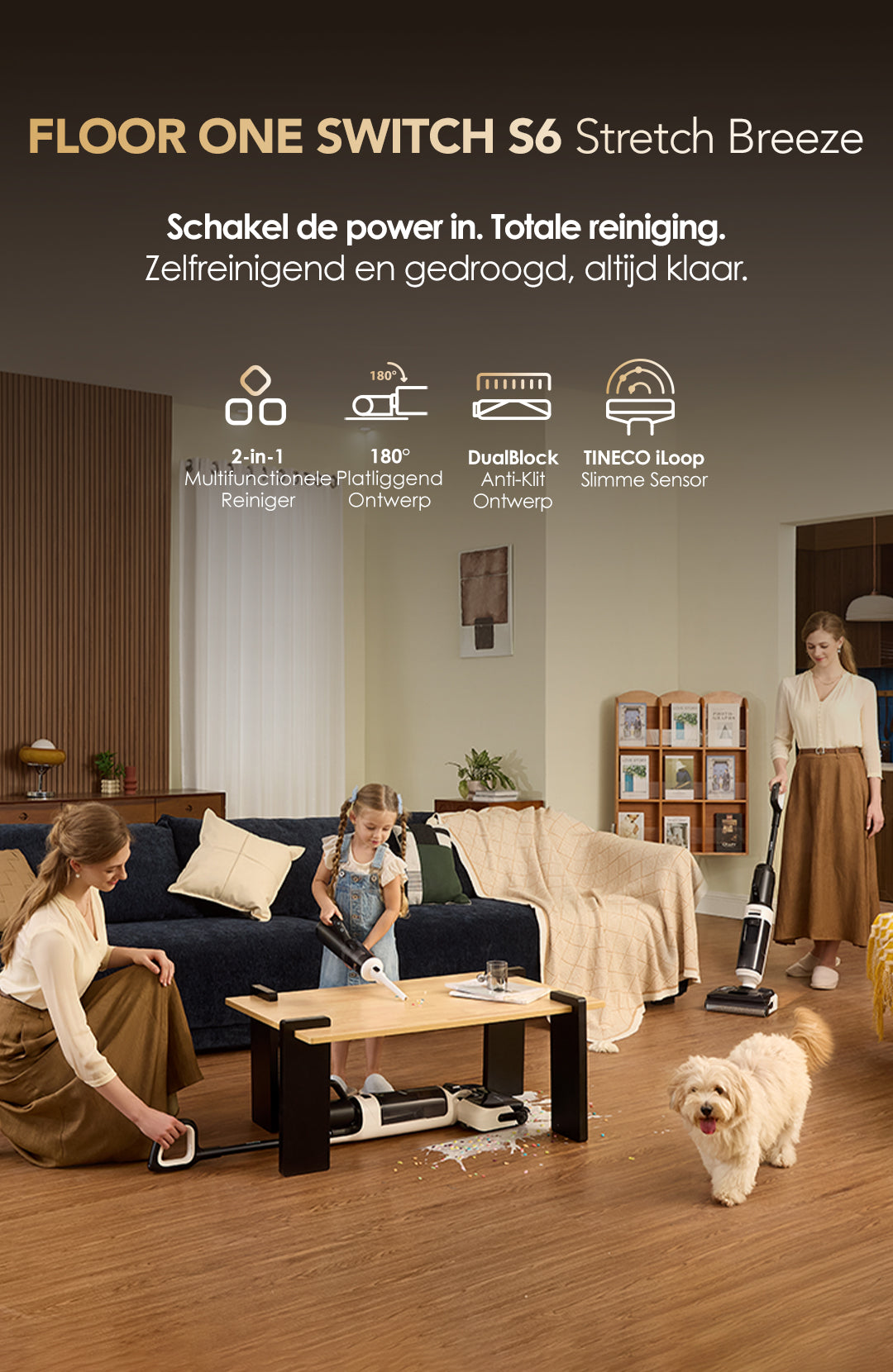 Tineco FLOOR ONE SWITCH S6 Stretch Breeze 2-in-1 Multifunktionsreiniger mit 180° flachliegendem Design, DualBlock Anti-Verhedderung und iLoop intelligentem Sensor für gründliche Haushaltsreinigung mit automatischer Selbstreinigung und Trocknung