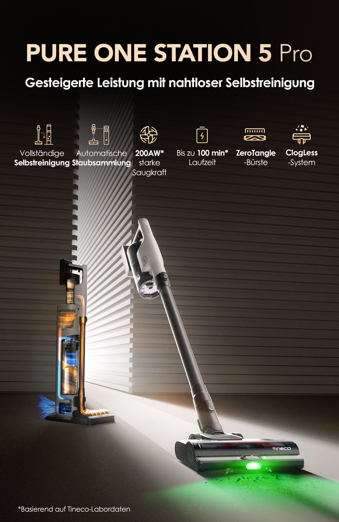 Tineco PURE ONE STATION 5 Pro kabelloser Staubsauger mit vollständiger Selbstreinigung, automatischer Staubsammlung, 200AW Saugkraft, 100 Minuten Laufzeit, ZeroTangle-Bürste und ClogLess-System für Haushaltsreinigung