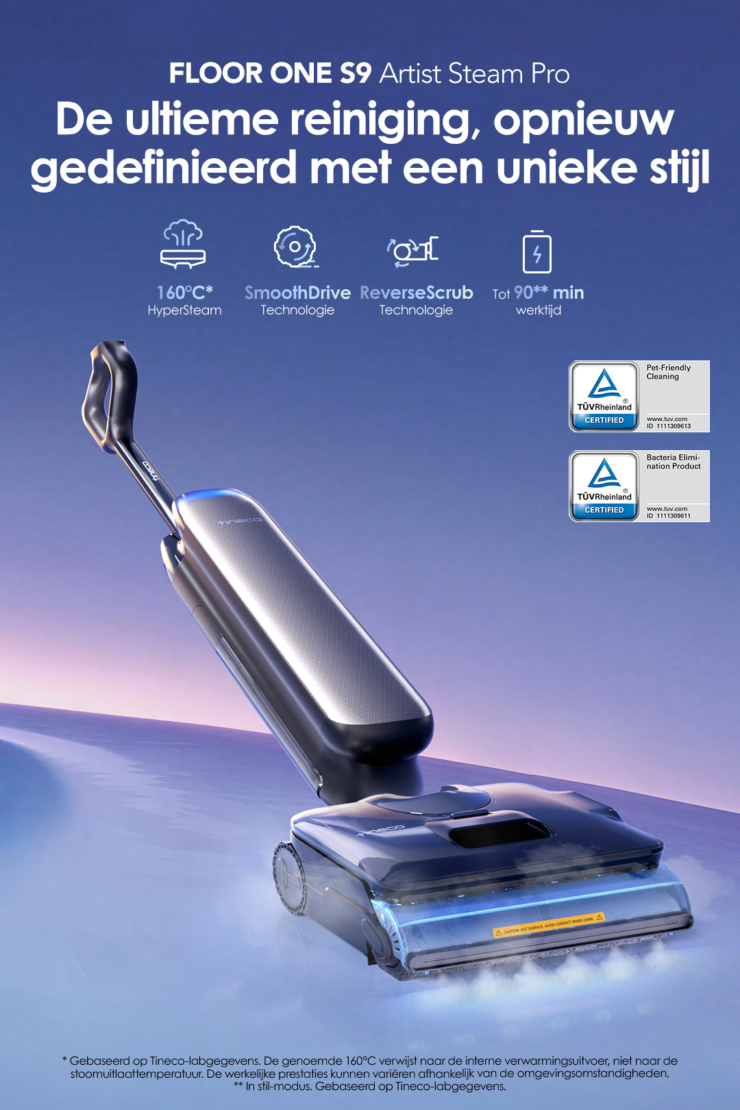 Tineco FLOOR ONE S9 Artist Steam Pro Nass- und Trockensauger, nass trockensauger, wischsauger, staubsauger, nass trocken sauger, tineco floor one s5. tineco staubsauger, tineco s7, nassreiniger
Der Tineco FLOOR ONE S9 Artist Steam Pro neu definiert die Reinigung: Mit 160°C HyperSteam, SmoothDrive-Technologie (leichter Handling) und ReverseScrub (effektiver Abrieb) erreicht er eine ultimative Sauberkeit – zudem hält er bis zu 90 Minuten. Er ist zudem TÜV-zertifiziert (haustierfreundlich & keimreduzierend) und zählt seit 3 Jahren zur weltweit Nummer 1 bei Nass-/Trockensaugern.