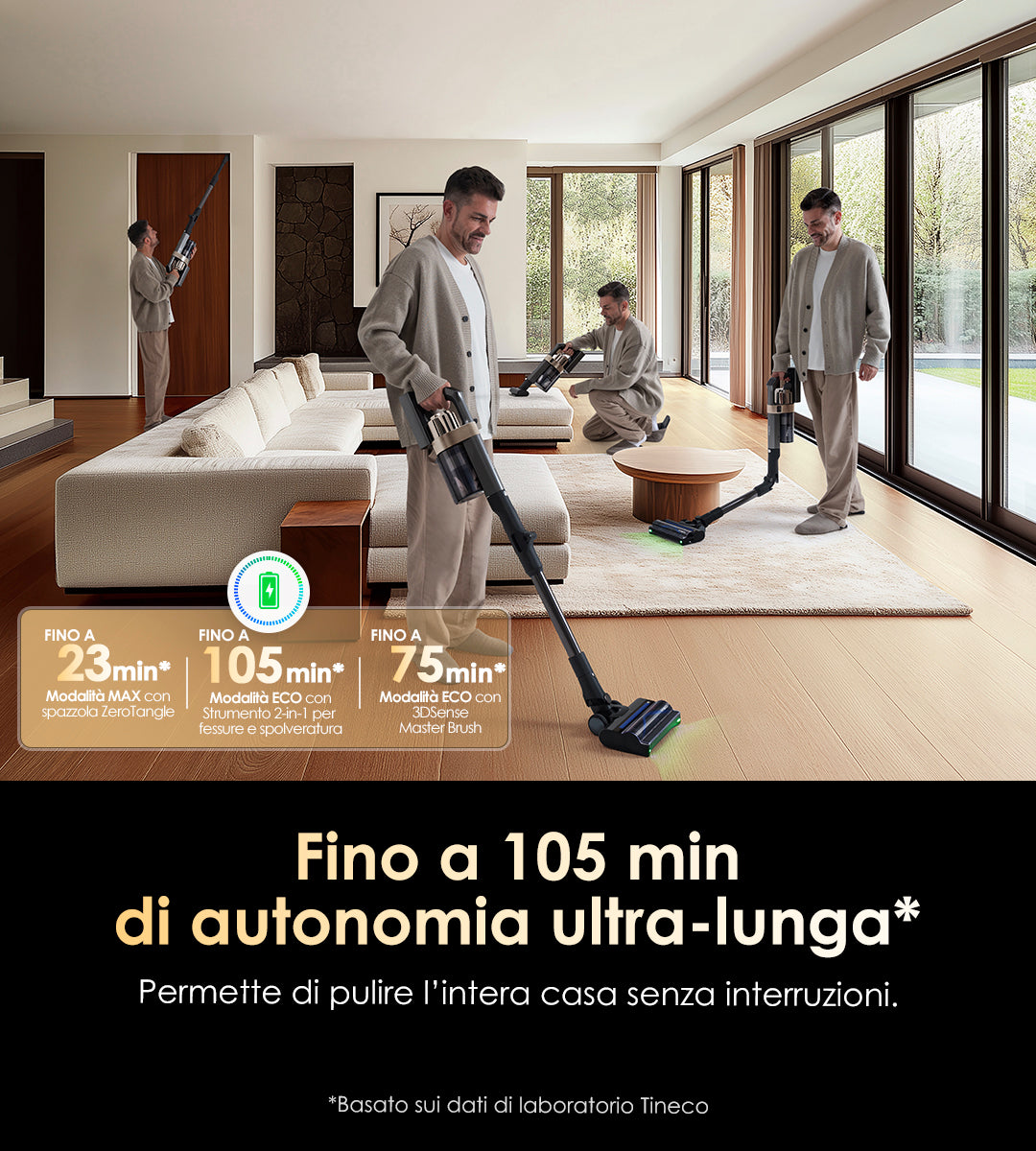 Tineco PURE ONE A90S Aspirapolvere a bastone senza fili, il migliore aspirapolvere a batteria. L'aspirapolvere impressiona con un'autonomia extra lunga fino a 105 minuti (in modalità Eco con bocchetta 2-in-1 per fessure e spazzola) – sufficiente per pulire l'intera casa senza interruzioni. Anche con la spazzola Master 3DSense, la durata arriva comunque a 75 minuti.