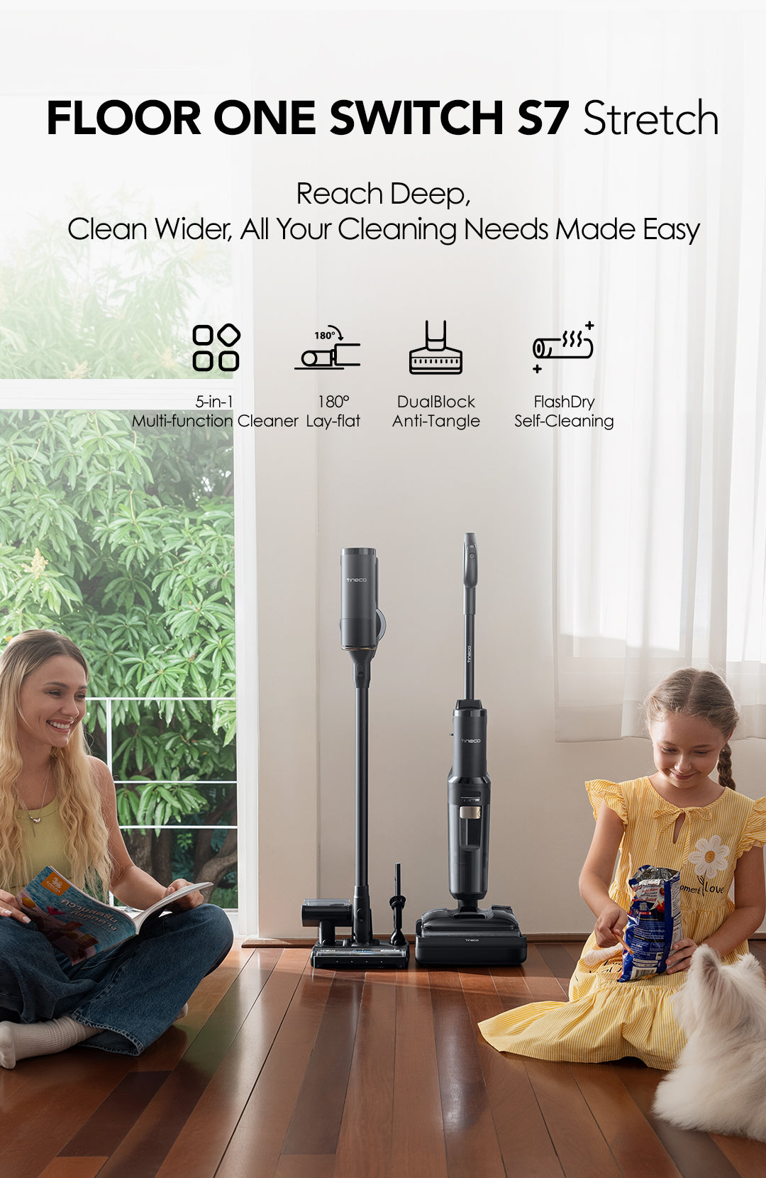 Tineco FLOOR ONE Switch S7 Stretch intelligenter Nass- und Trockensauger, wischsauger, wischmop, mopp, akku staubsauger, nass Trockensauger, beutellose staubsauger, Tineco FLOOR ONE SWITCH S7 Stretch 5-in-1 Multifunktionsreiniger mit 180° Flachdesign, DualBlock Anti-Tangle und selbstreinigender FlashDry-Funktion für Familien mit Haustieren und Kindern