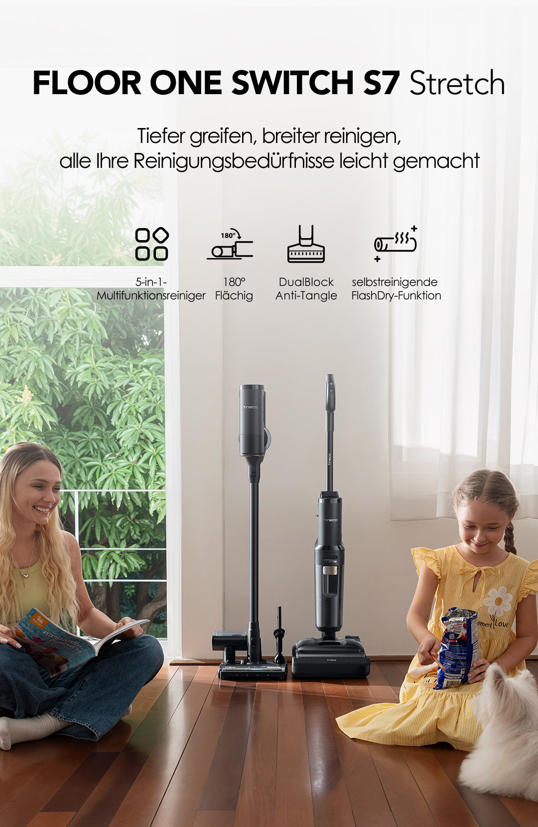 Tineco FLOOR ONE Switch S7 Stretch intelligenter Nass- und Trockensauger, wischsauger, wischmop, mopp, akku staubsauger, nass Trockensauger, beutellose staubsauger, Tineco FLOOR ONE SWITCH S7 Stretch 5-in-1 Multifunktionsreiniger mit 180° Flachdesign, DualBlock Anti-Tangle und selbstreinigender FlashDry-Funktion für Familien mit Haustieren und Kindern