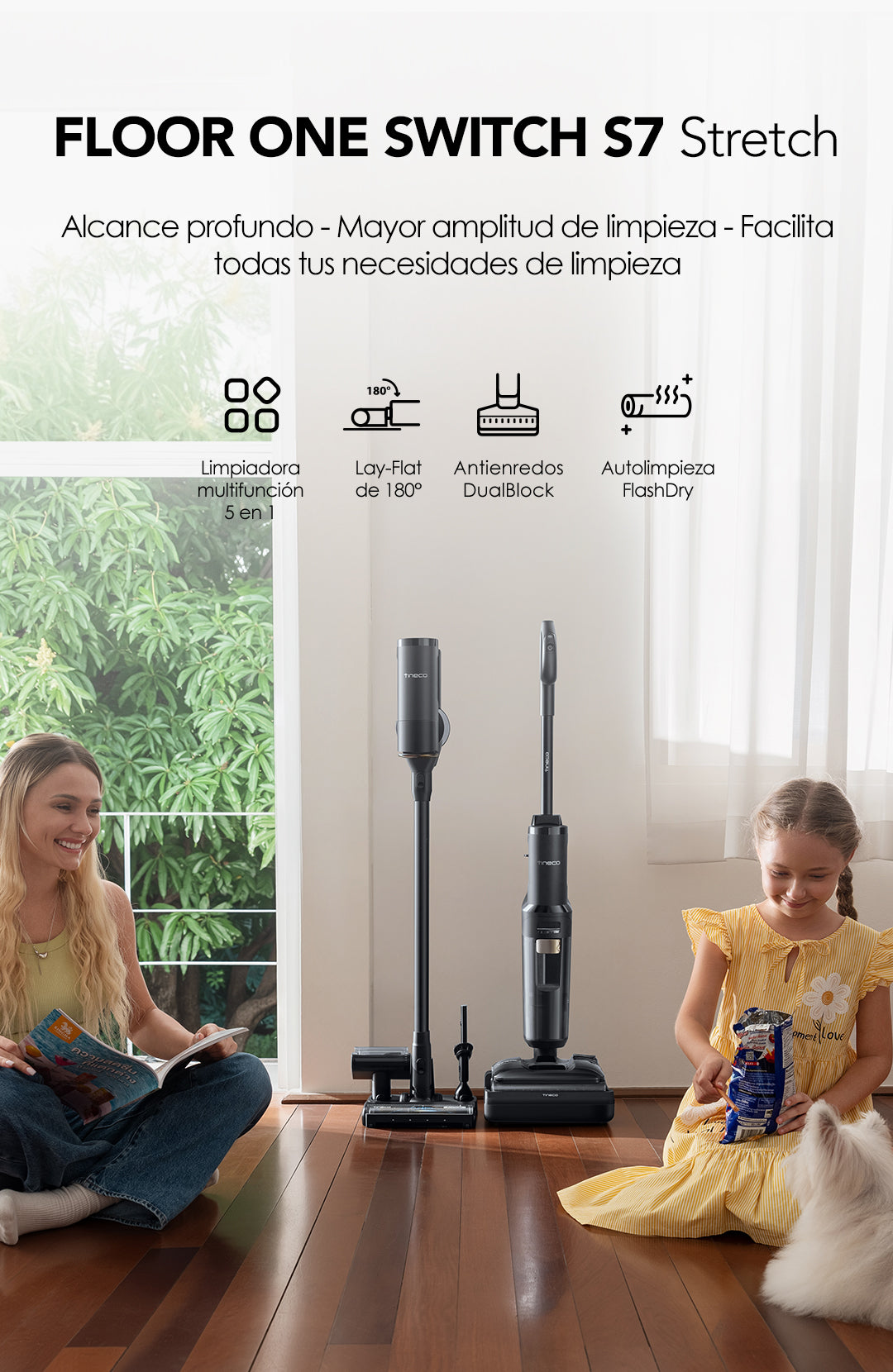 Tineco FLOOR ONE Switch S7 Stretch intelligenter Nass- und Trockensauger, wischsauger, wischmop, mopp, akku staubsauger, nass Trockensauger, beutellose staubsauger, Tineco FLOOR ONE SWITCH S7 Stretch 5-in-1 Multifunktionsreiniger mit 180° Flachdesign, DualBlock Anti-Tangle und selbstreinigender FlashDry-Funktion für Familien mit Haustieren und Kindern