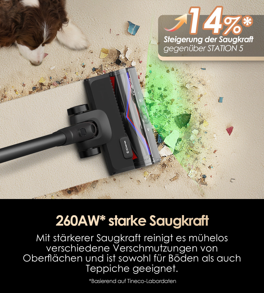 Tineco PURE ONE STATION 5 Pro mit 200AW starker Saugkraft (14% Steigerung gegenüber STATION 5) für mühelose Reinigung von Böden, Teppichen und verschiedenen Verschmutzungen