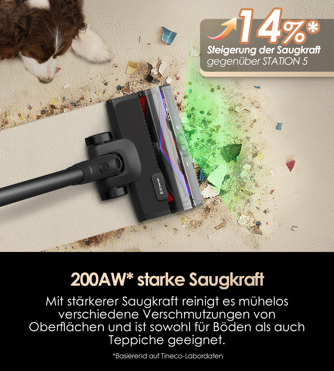 Tineco PURE ONE STATION 5 Pro mit 200AW starker Saugkraft (14% Steigerung gegenüber STATION 5) für mühelose Reinigung von Böden, Teppichen und verschiedenen Verschmutzungen