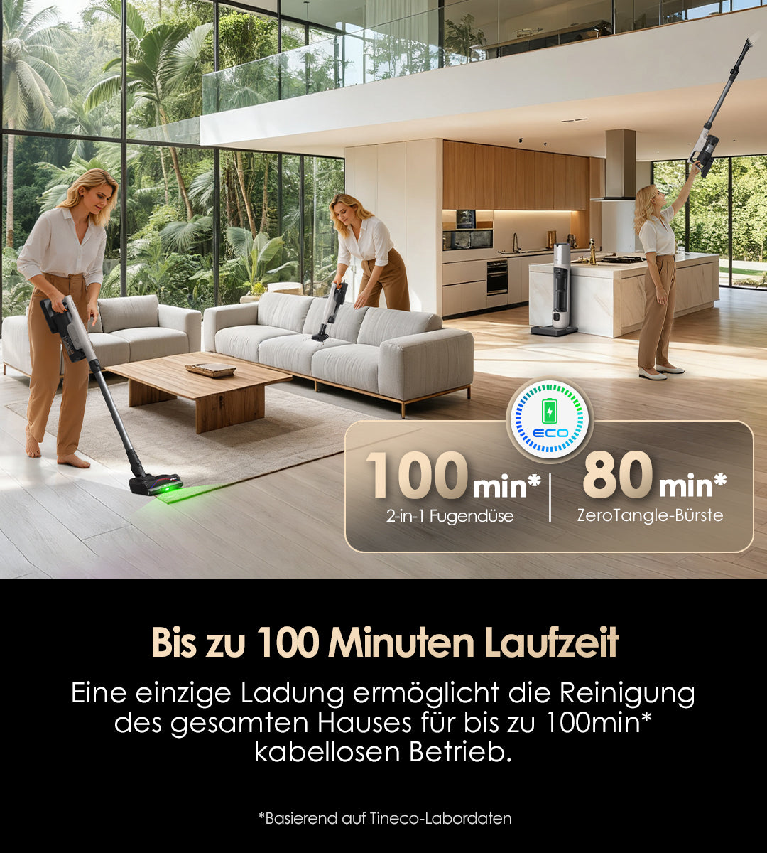 Tineco PURE ONE STATION 5 Pro mit bis zu 100 Minuten Laufzeit (ECO-Modus) und 80 Minuten mit ZeroTangle-Bürste für kabellose Reinigung des gesamten Hauses
