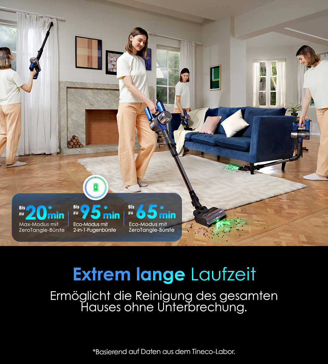 TINECO PURE ONE S50 PRO Smarter Akkustaubsauger, staubsauger, staubsauger kabellos, kabelloser staubsauger, bester akku staubsauger, Tineco Akku Staubsauger mit extrem langer Laufzeit - 95 min Eco-Modus mit 2-in-1-Fugenbürste, 65 min Eco-Modus mit ZeroTangle-Bürste, kabelloser Staubsauger für lückenlose Reinigung des gesamten Hauses ohne Unterbrechung, ideal für große Wohnungen