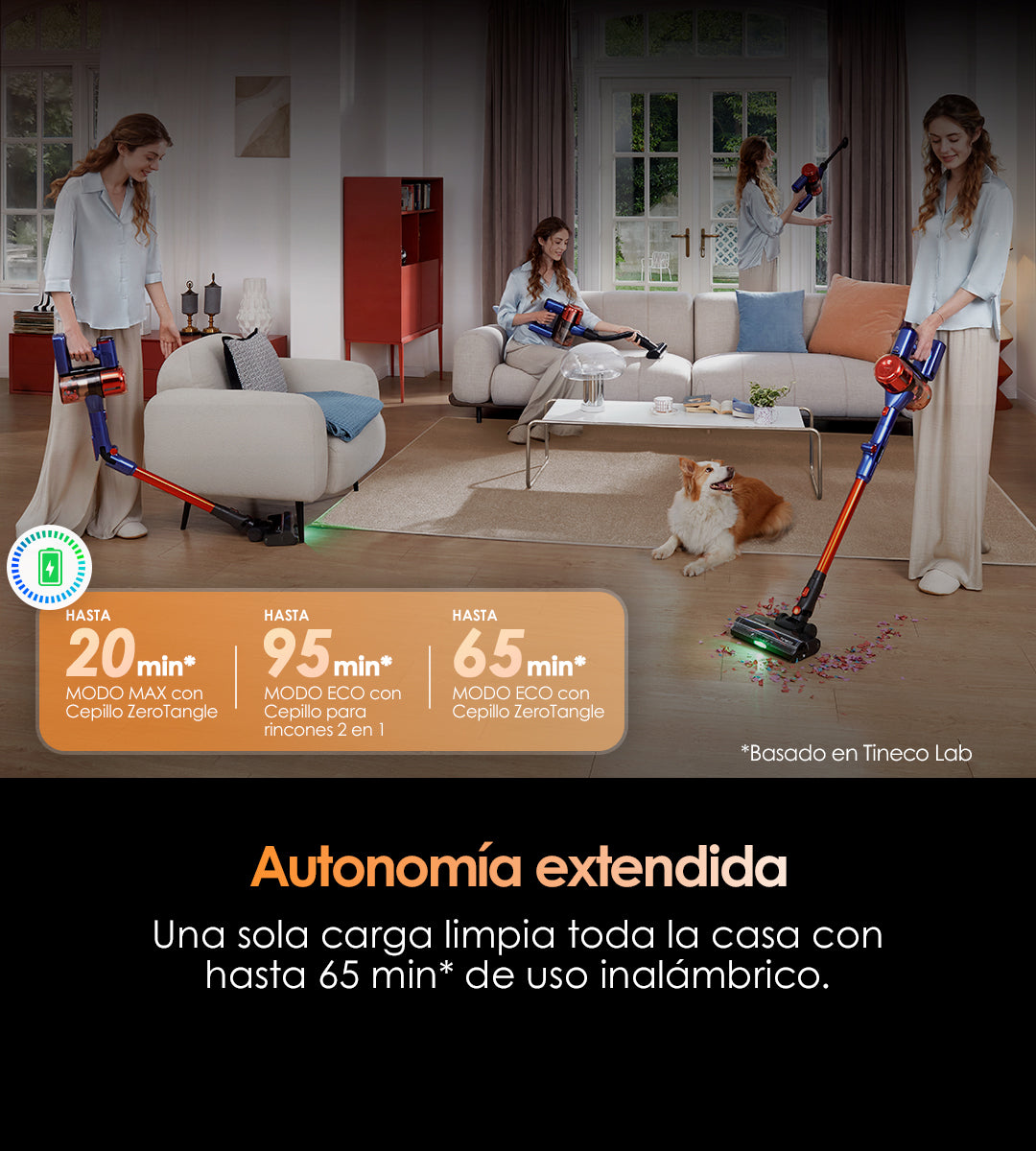 TINECO PURE ONE S70 Smarter Akkustaubsauger，stabstaubsauger
staubsauger，staubsauger kabellos，akku staubsauger，kabelloser staubsauger，akku handstaubsauger，bester akku staubsauger, Erste Bild: Dieses kabellose Staubsaugergerät zeichnet sich durch eine lange Laufzeit aus: Eine Ladung reicht für bis zu 65 Minuten Betrieb (mit ZeroTangle-Bürste) oder sogar 95 Minuten (mit 2-in-1-Fugenbürste), sodass das gesamte Haus in einem Durchgang gereinigt werden kann.