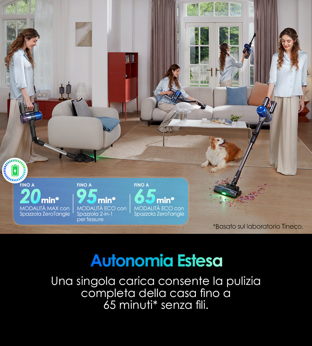 TINECO PURE ONE S70 Aspirapolvere a batteria intelligente, aspirapolvere, aspirapolvere senza fili, il migliore aspirapolvere a batteria. Aspirapolvere a batteria Tineco con autonomia estesa: fino a 95 minuti con bocchetta 2-in-1 per fessure, 65 minuti con spazzola ZeroTangle. Aspirapolvere senza fili per la pulizia di tutta la casa senza interruzioni, ideale per grandi appartamenti e case con animali domestici.