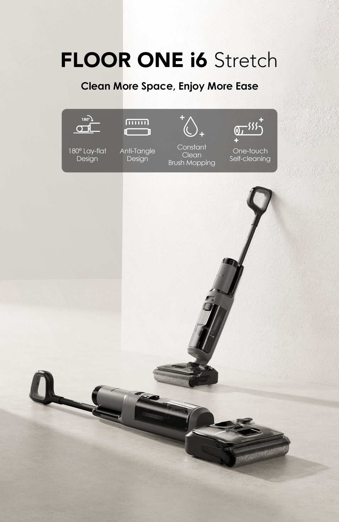 Tineco FLOOR ONE i6 Stretch Nass und Trockensauger, nass trockensauger, wischsauger, staubsauger, staubsauger kabellos, akku staubsauger, Tineco FLOOR ONE i6 Stretch Nass-Trocken-Reiniger mit 180° flachliegendem Design, Anti-Verhedderungs-Technologie, ständiger Bürstenreinigung und Ein-Klick-Selbstreinigungssystem für gründliche Haushaltsreinigung