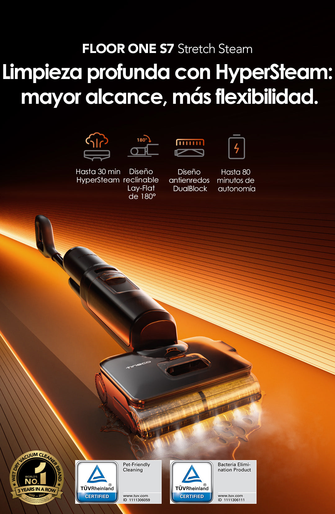 Tineco FLOOR ONE S7 Stretch Steam Aspiradora en Seco y Húmedo,aspiradora sin cable, aspiradora de mano, aspirador sin cable