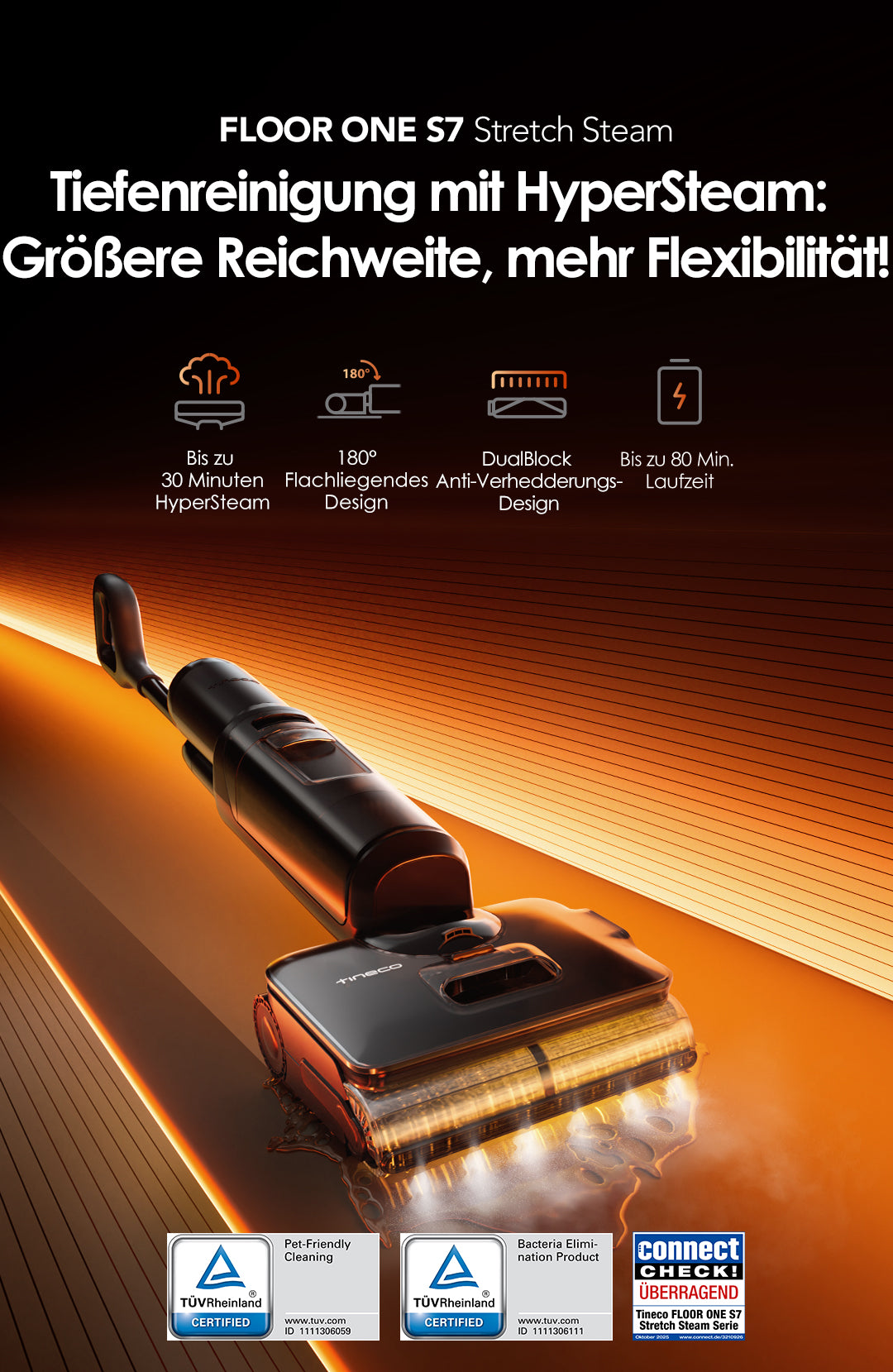 Tineco FLOOR ONE S7 Stretch Steam Nass- und Trockensauger, dampfreiniger, nass trockensauger, wischsauger, staubsauger, Besen, staubsauger kabellos, akku staubsauger， Tineco FLOOR ONE S7 Stretch Steam Bodenreiniger mit HyperSteam-Technologie – bis zu 30 Minuten Dampf, 180° Lay-Flat, DualBlock Anti-Verhedderung, bis zu 80 Minuten Laufzeit, TÜV-zertifiziert
