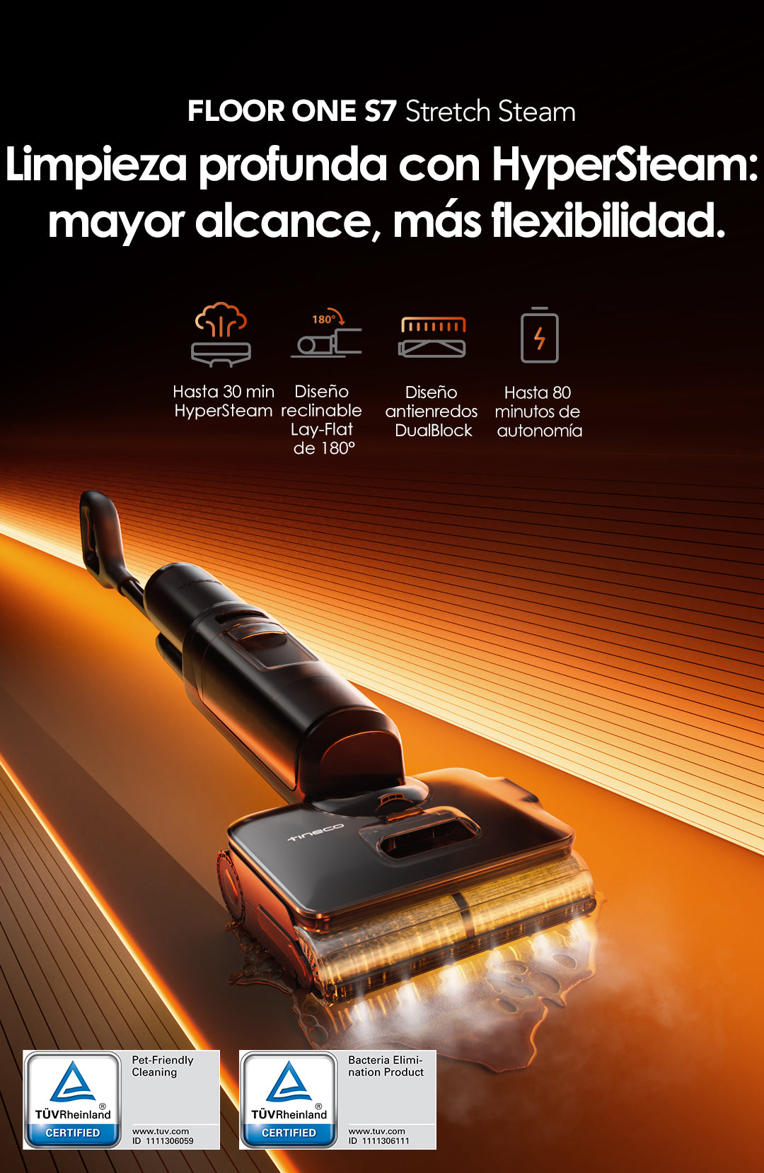 Tineco FLOOR ONE S7 Stretch Steam Aspiradora en Seco y Húmedo,aspiradora sin cable, aspiradora de mano, aspirador sin cable