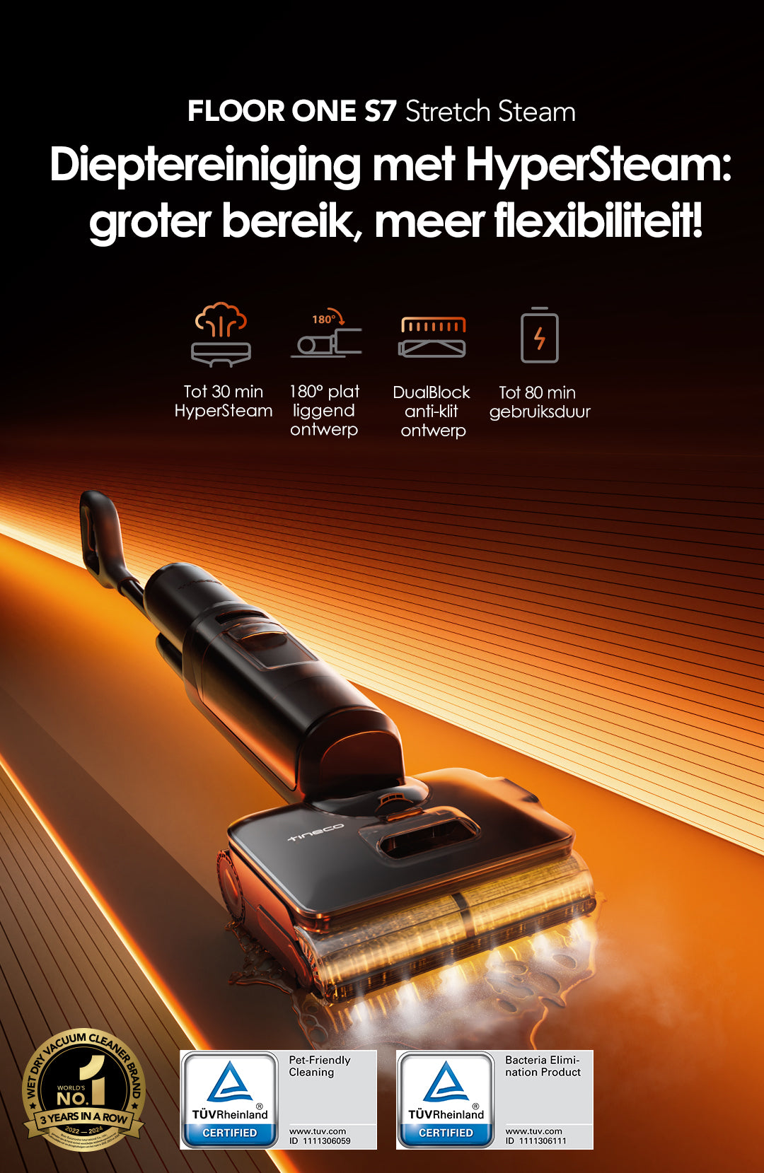 Tineco FLOOR ONE S7 Stretch Steam Stofzuiger met Dweilfunctie, stofzuiger, ​steelstofzuiger, draadloze stofzuiger, dweil, beste stofzuiger