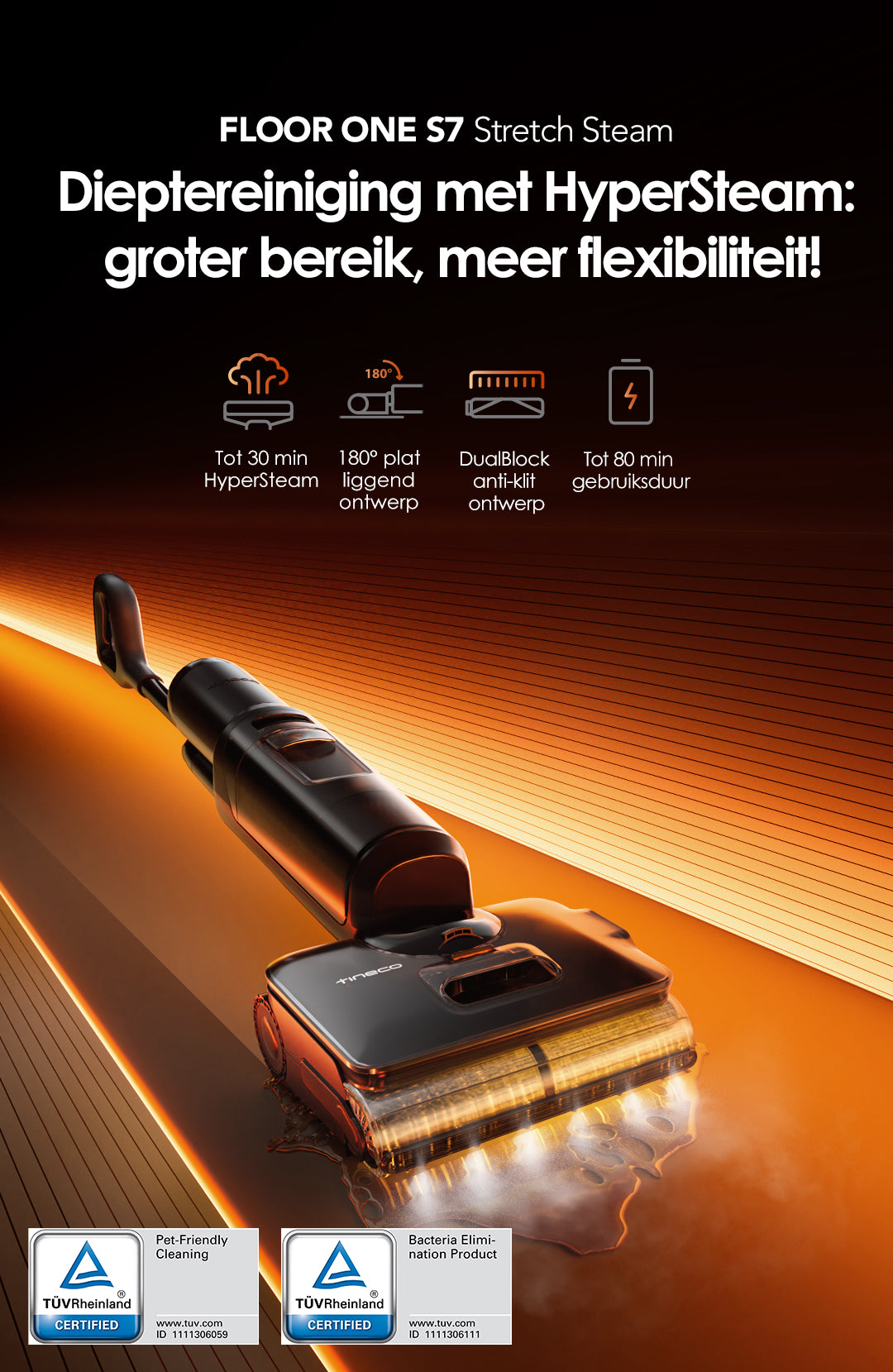 Tineco FLOOR ONE S7 Stretch Steam Stofzuiger met Dweilfunctie, stofzuiger, ​steelstofzuiger, draadloze stofzuiger, dweil, beste stofzuiger