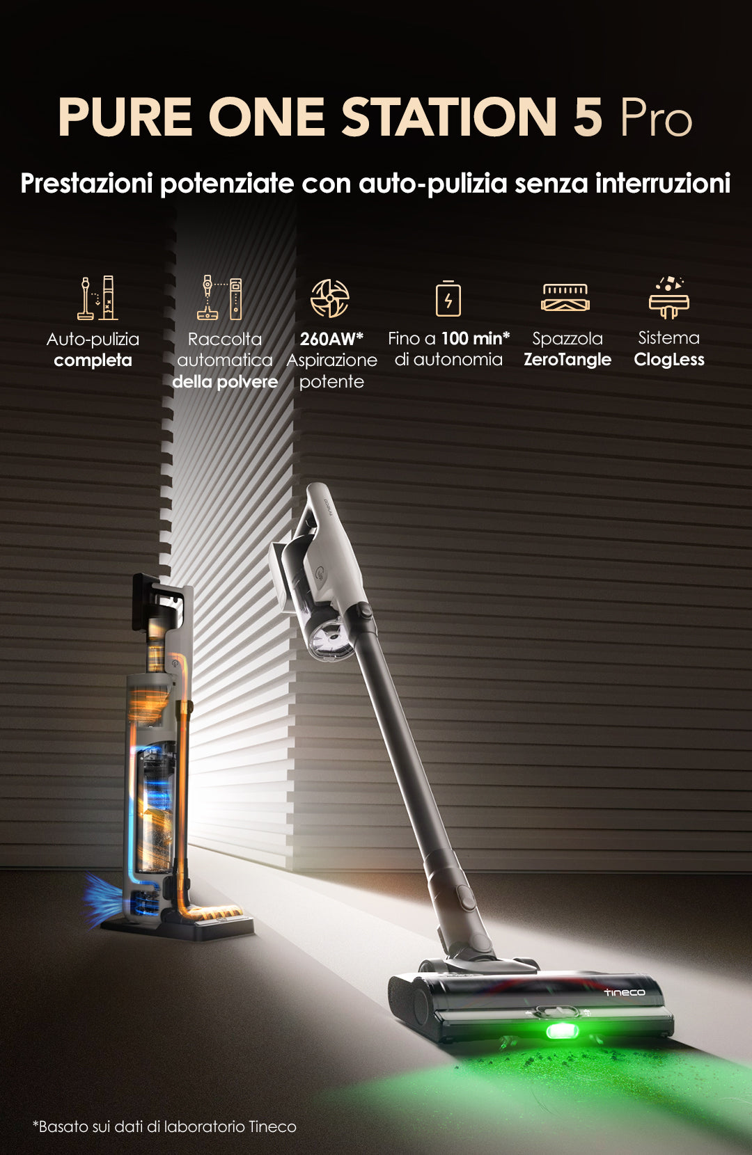Aspirapolvere senza fili Tineco PURE ONE STATION 5 Pro con autopulizia completa, raccolta polvere automatica, potenza aspirante di 200 AW, 100 minuti di autonomia, spazzola ZeroTangle e sistema ClogLess per la pulizia domestica.
