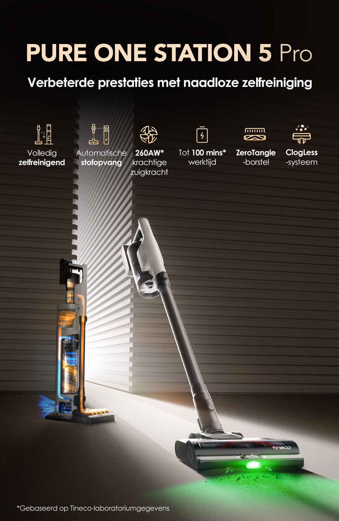 Tineco PURE ONE STATION 5 Pro kabelloser Staubsauger mit vollständiger Selbstreinigung, automatischer Staubsammlung, 200AW Saugkraft, 100 Minuten Laufzeit, ZeroTangle-Bürste und ClogLess-System für Haushaltsreinigung