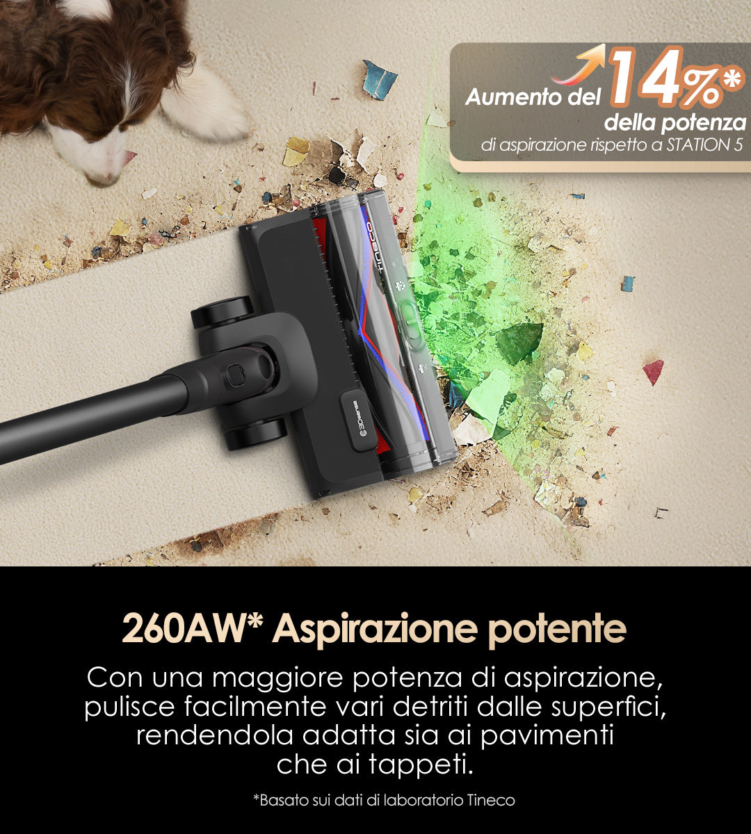 Tineco PURE ONE STATION 5 Pro con potente aspirazione da 200 AW (aumento del 14% rispetto a STATION 5) per una pulizia senza sforzo di pavimenti, tappeti e vari tipi di sporco.