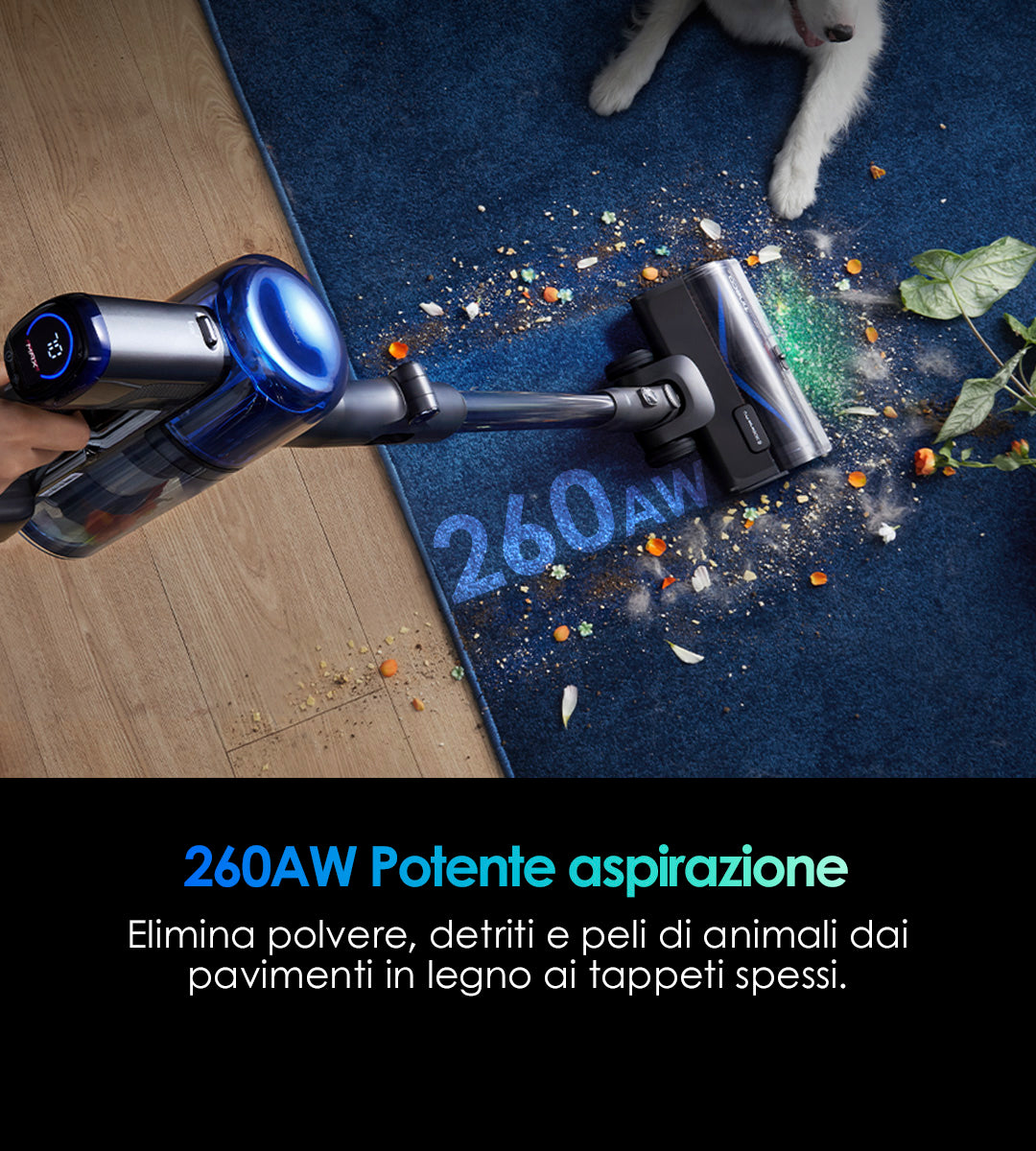 TINECO PURE ONE S70 Aspirapolvere a batteria intelligente, aspirapolvere, aspirapolvere senza fili, il migliore aspirapolvere a batteria. Potente aspirazione Tineco da 200 AW: rimozione di polvere, sporco e peli di animali domestici dai pavimenti in legno fino ai tappeti spessi. Aspirapolvere senza fili ad alte prestazioni per le case con animali domestici.