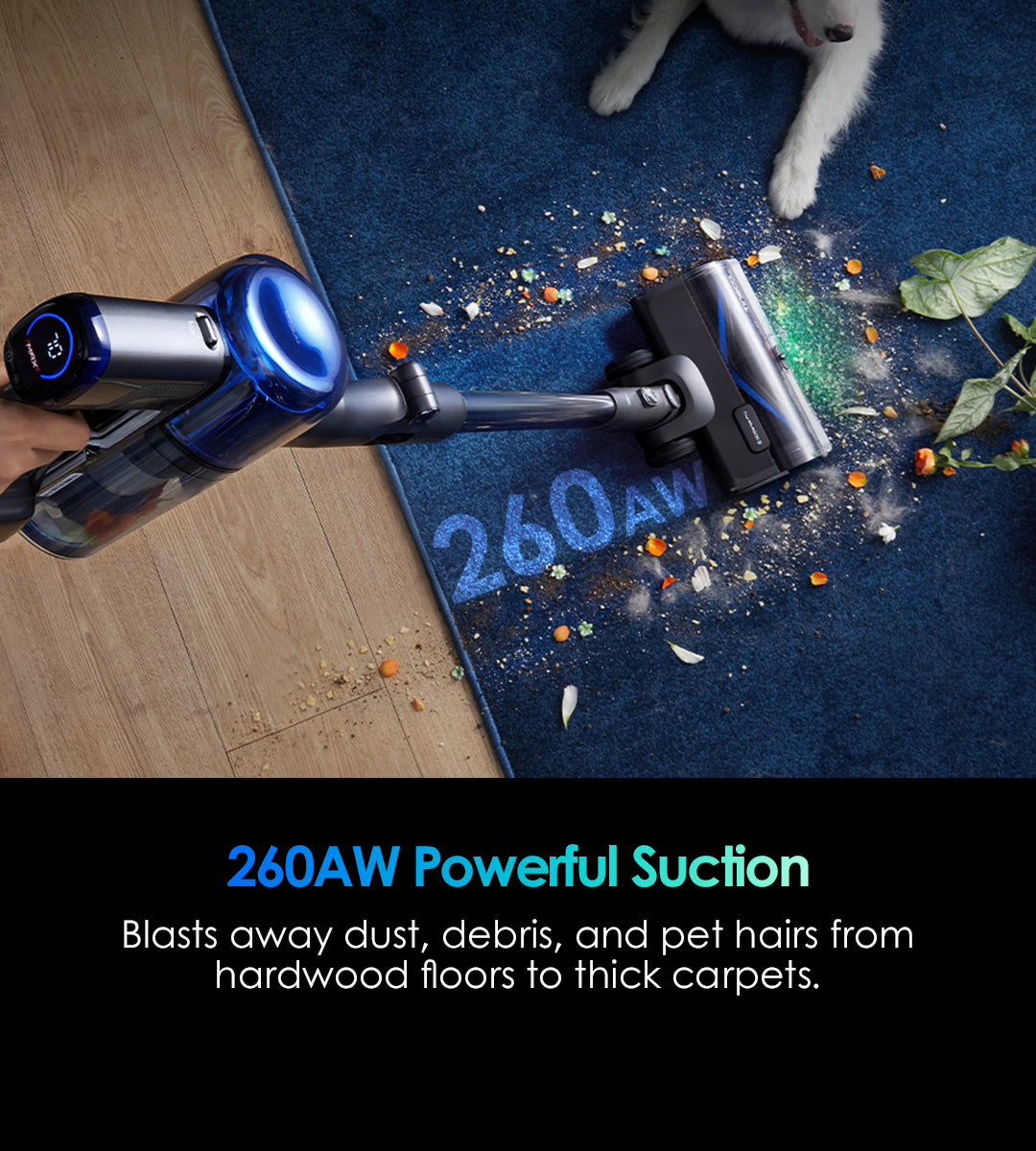 TINECO PURE ONE S70 Smart Cordless Vacuum Cleaner, vacuum cleaner, cordless vacuum cleaner, best cordless vacuum cleaner, Tineco 260AW powerful suction - Removes dust, dirt, and pet hair from hardwood floors to thick carpets; powerful cordless vacuum cleaner for households with pets