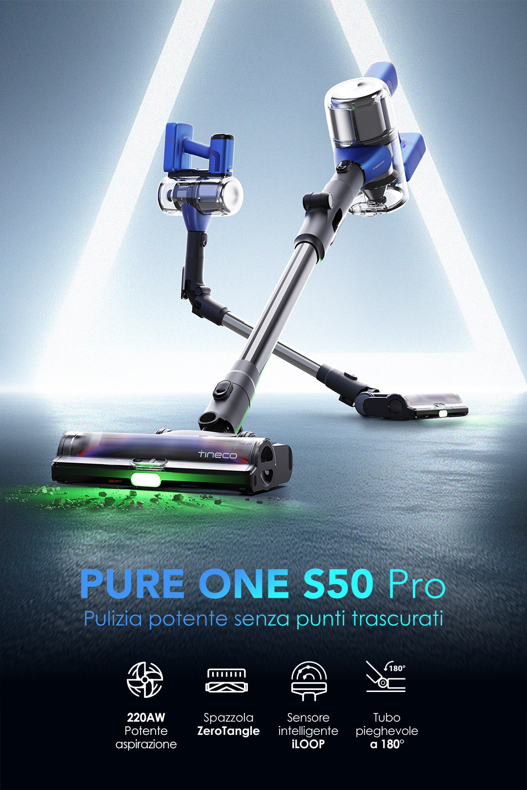 TINECO PURE ONE S50 PRO Aspirapolvere a batteria intelligente, aspirapolvere, aspirapolvere senza fili, il migliore aspirapolvere a batteria. Aspirapolvere a batteria Tineco PURE ONE S50 Pro - potenza aspirante di 200 AW, spazzola ZeroTangle, sensore intelligente iLoop, tubo flessibile a 180°, aspirapolvere senza fili per una pulizia domestica continua senza punti dimenticati.